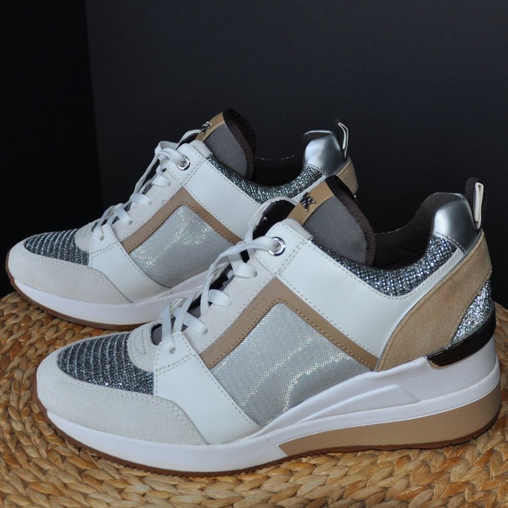 New Michael Kors White Georgie Trainer Wedge Sneaker Mk Logo Silver Glitter 8